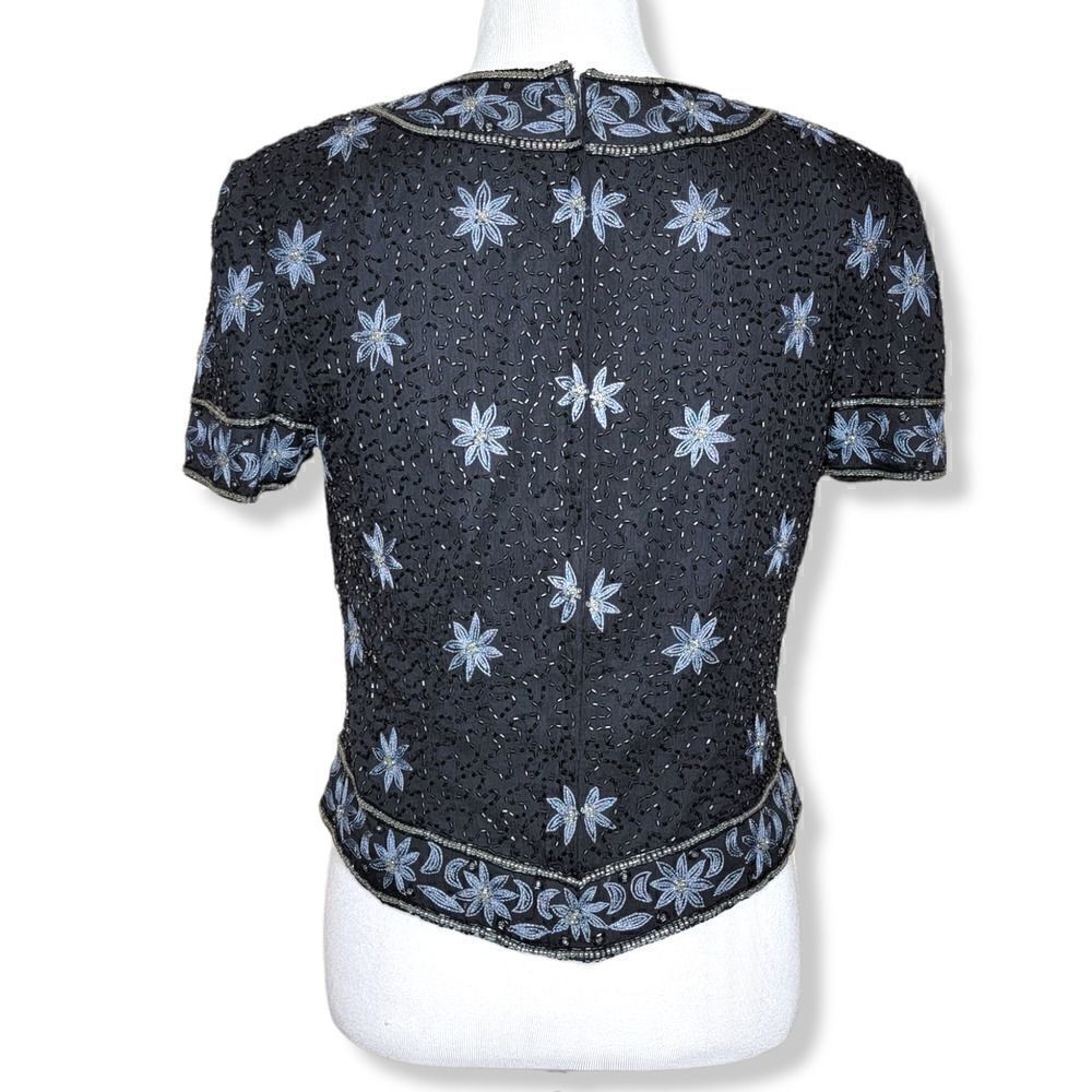 Cote D Azur Bead Embellished Cropped Silk Blouse Size Medium - Picture 11 of 13